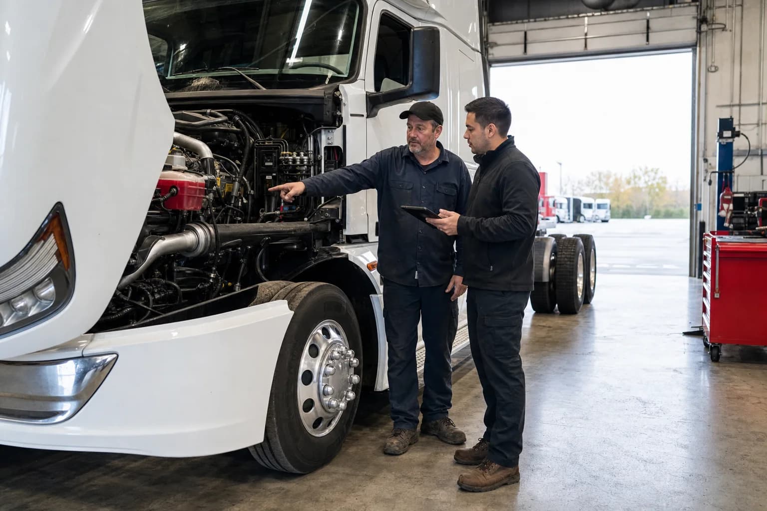 Prime Trucks and Equipment Ringgold technician and buyer inspecting a truck engine